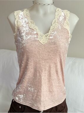 Banana Republic | Vintage Y2K Pink Crushed Velvet Lace Trim Tank Top | M